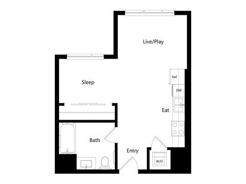 A floor plan of a house with a sleeping area, a living/play area, a bathroom, and an entry way.